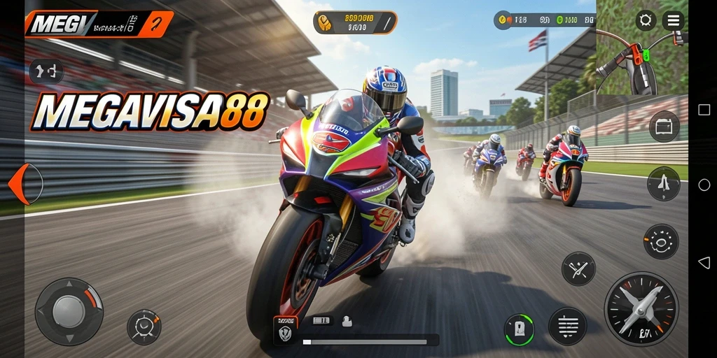 Tampilan gameplay seru di MEGAVISA88 dengan aksi balap motor mendebarkan.