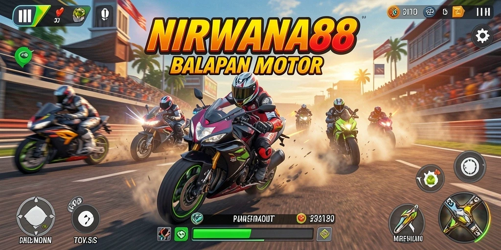 Screenshot gameplay NIRWANA88 yang menunjukkan aksi balapan motor yang mendebarkan.