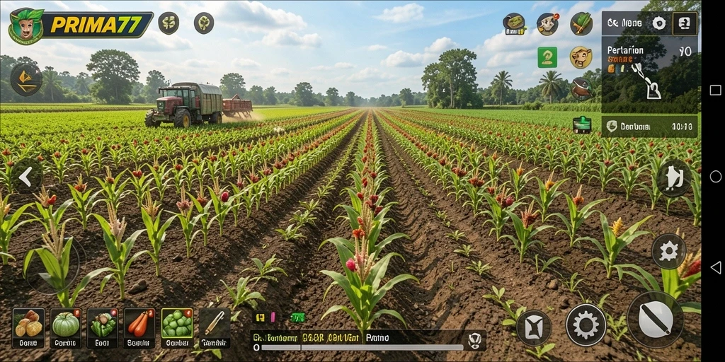 Tampilan gameplay <strong>PRIMA77</strong> dengan desain pertanian yang indah dan interaktif.